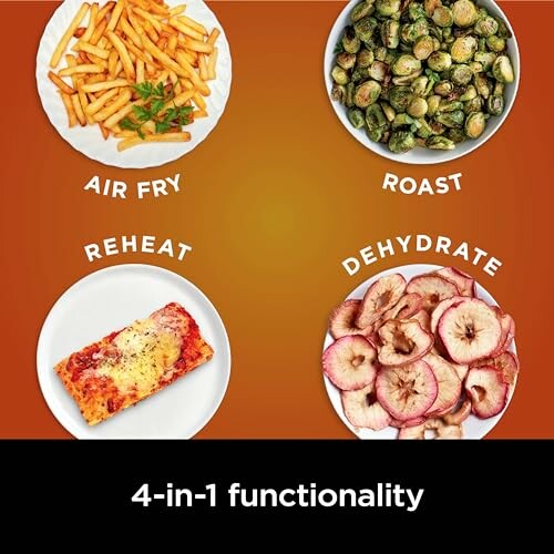 Plates showing air fry, roast, reheat, and dehydrate functions with food examples