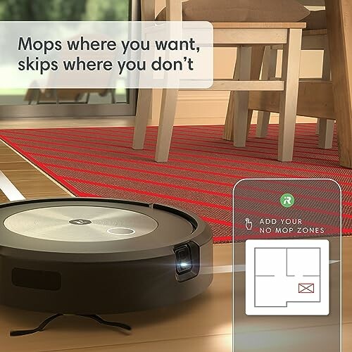 Robot vacuum with no-mop zones feature on a red carpet near a dining table.