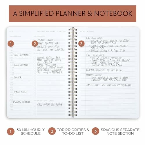 Open spiral-bound planner with handwritten notes and numbered sections.