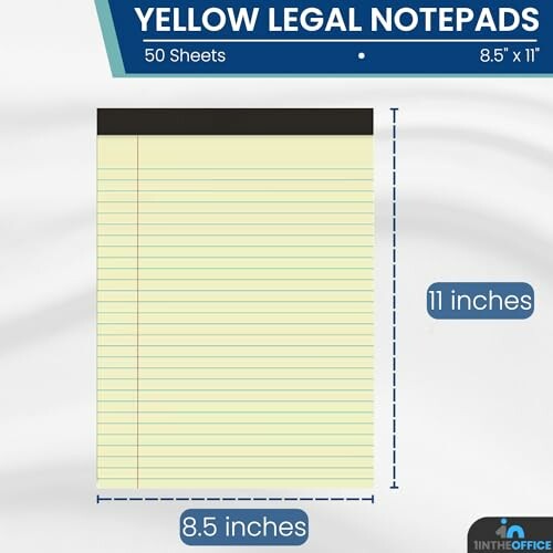 Yellow legal notepad with dimensions 8.5 x 11 inches